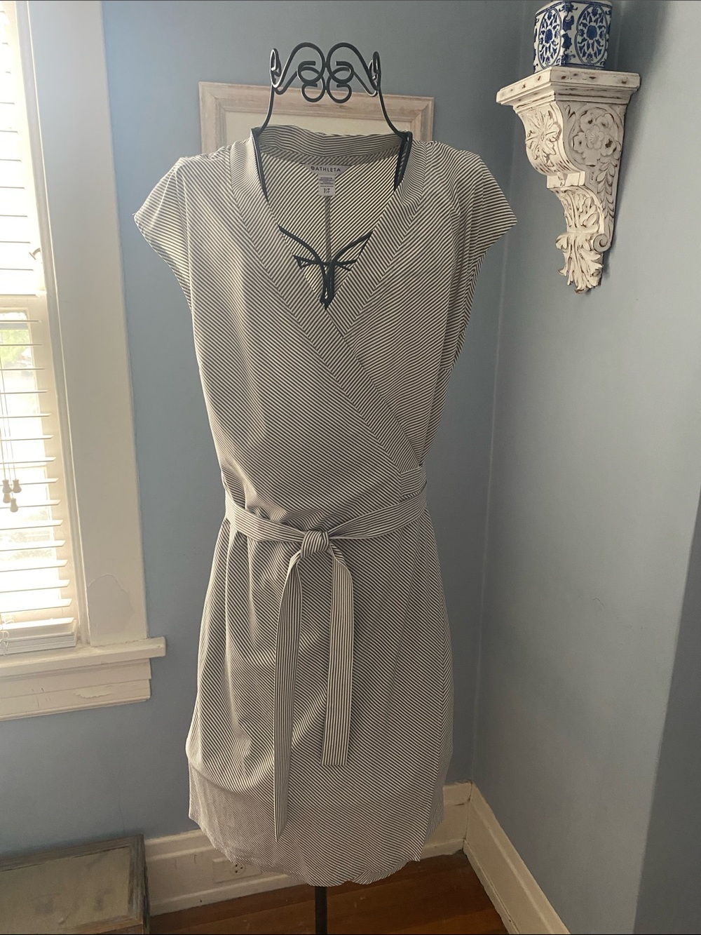 Athleta Black & White Striped Wrap Midi Dress